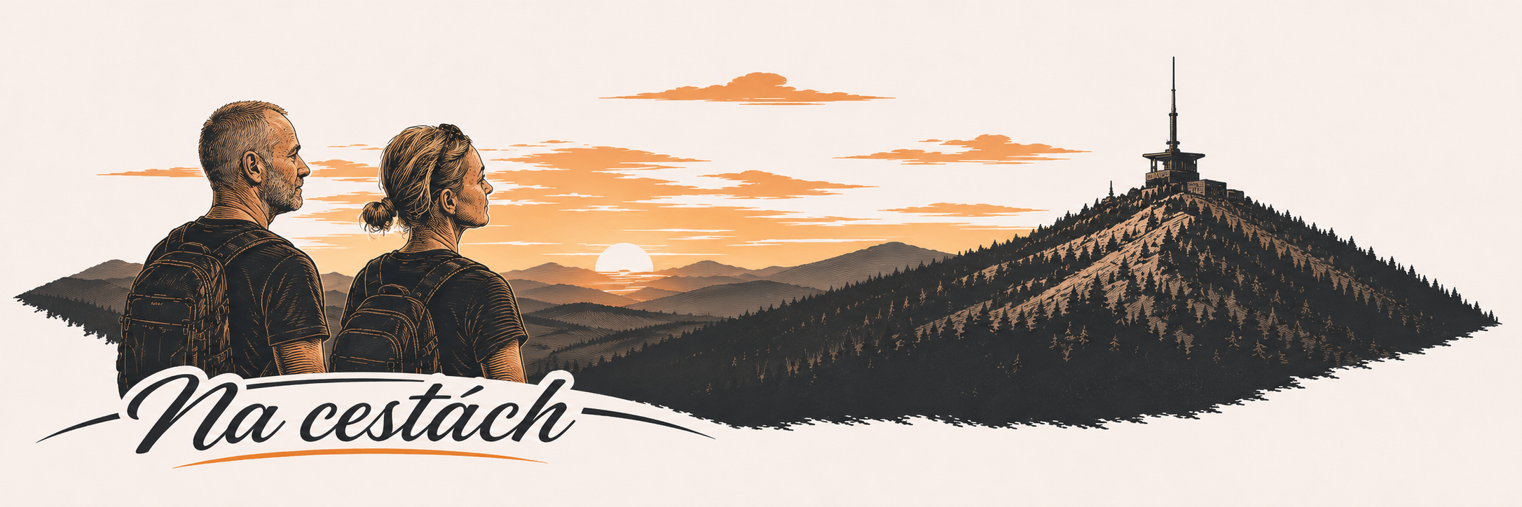 Na cestách - cestovatelská ilustrace s výhledem na hory
